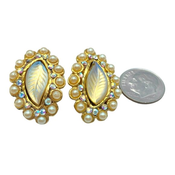 Vintage Leaf Earrings Faux Pearls & Gold Glass Opalescent Rhinestone 50's Clip - Picture 7 of 7